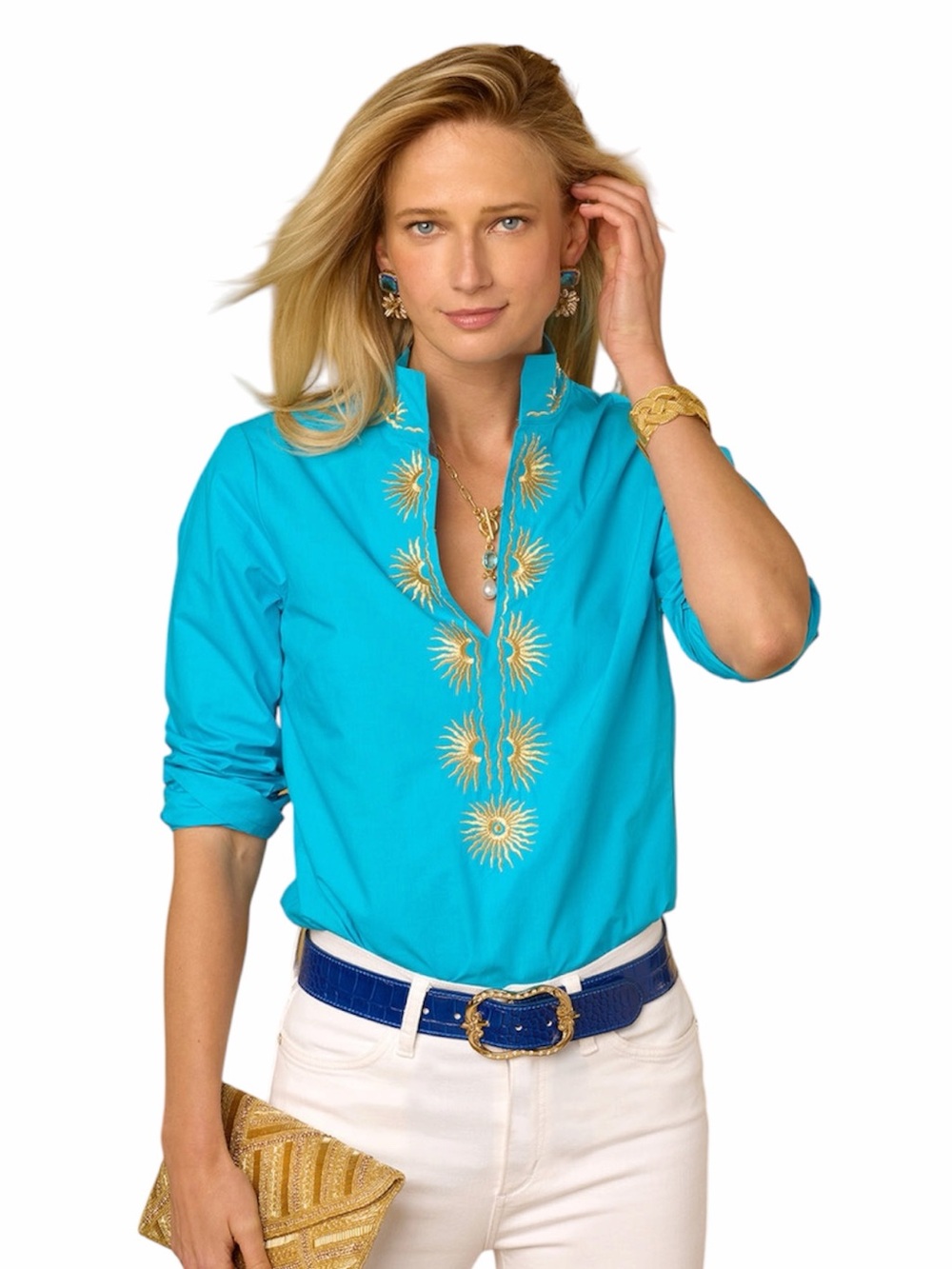 NicoBlu Soleil Blue Gold Sunburst Embroidered Long Sleeve Tunic Top Size PM NWT